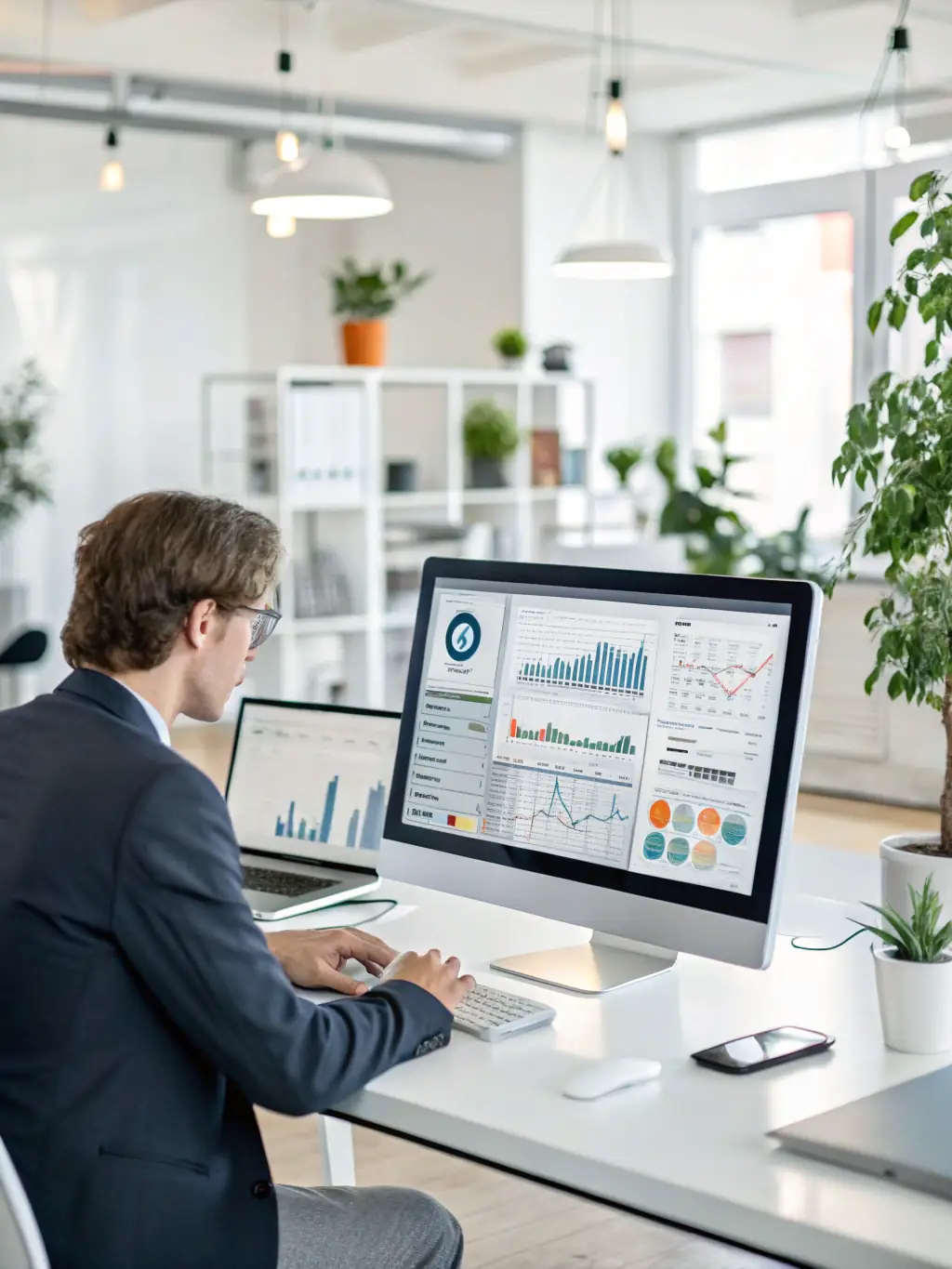 A professional using Northscale's CRM platform to analyze customer data and improve engagement strategies, with charts and graphs displayed on the screen.